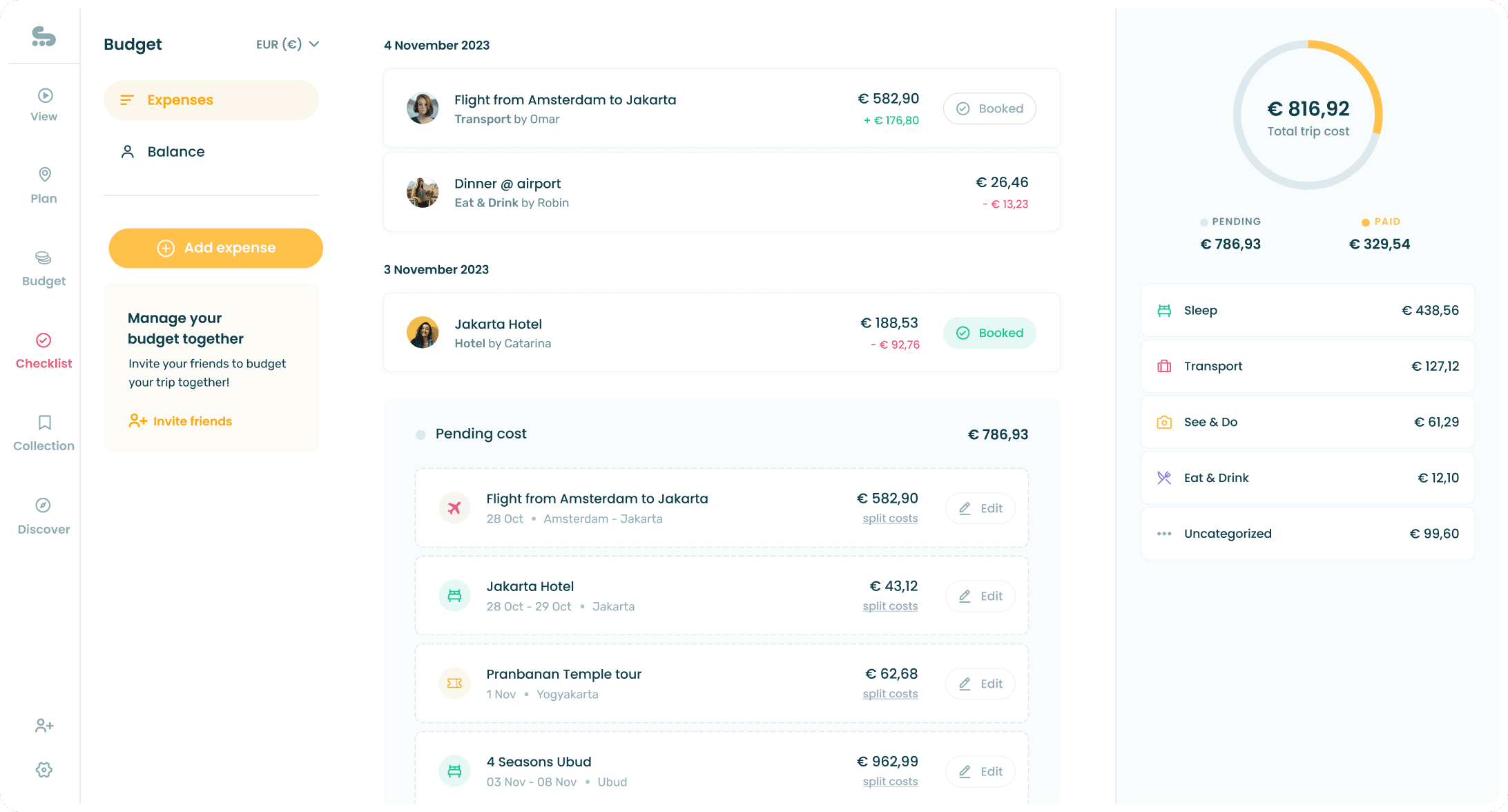 Budget planner dashboard showing expenses, charts, categories, and totals