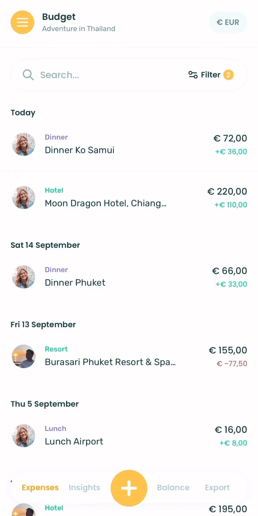 Mobile budget planner chart showing travel spending categories