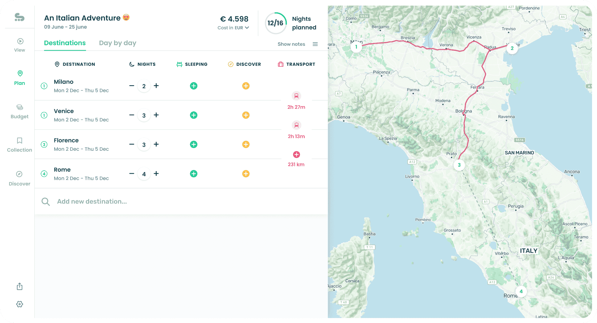 Trip planning desktop view