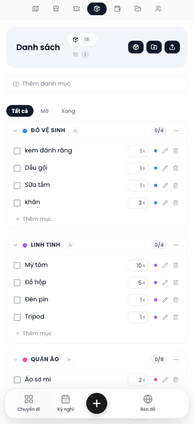 Màn hình mobile danh sách hành lý hiển thị mẫu checklist theo chuyến đi