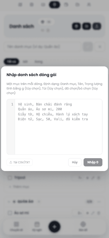 Màn hình mobile danh sách hành lý hiển thị checklist dùng chung