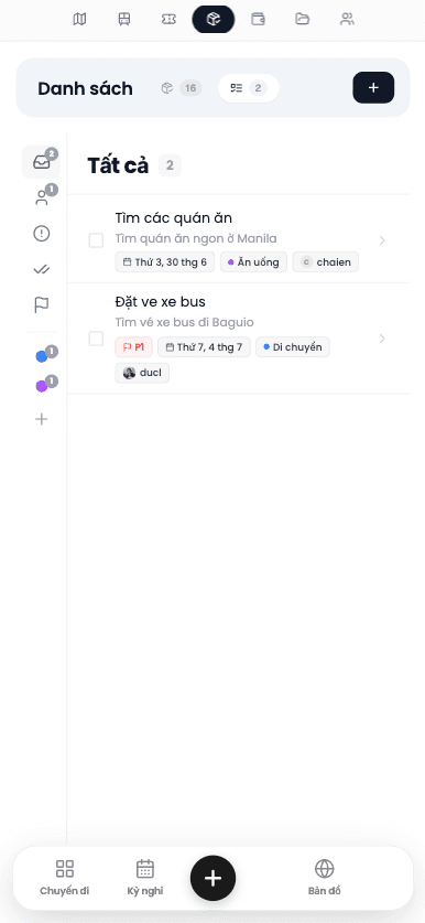 Màn hình mobile danh sách hành lý hiển thị checklist cá nhân