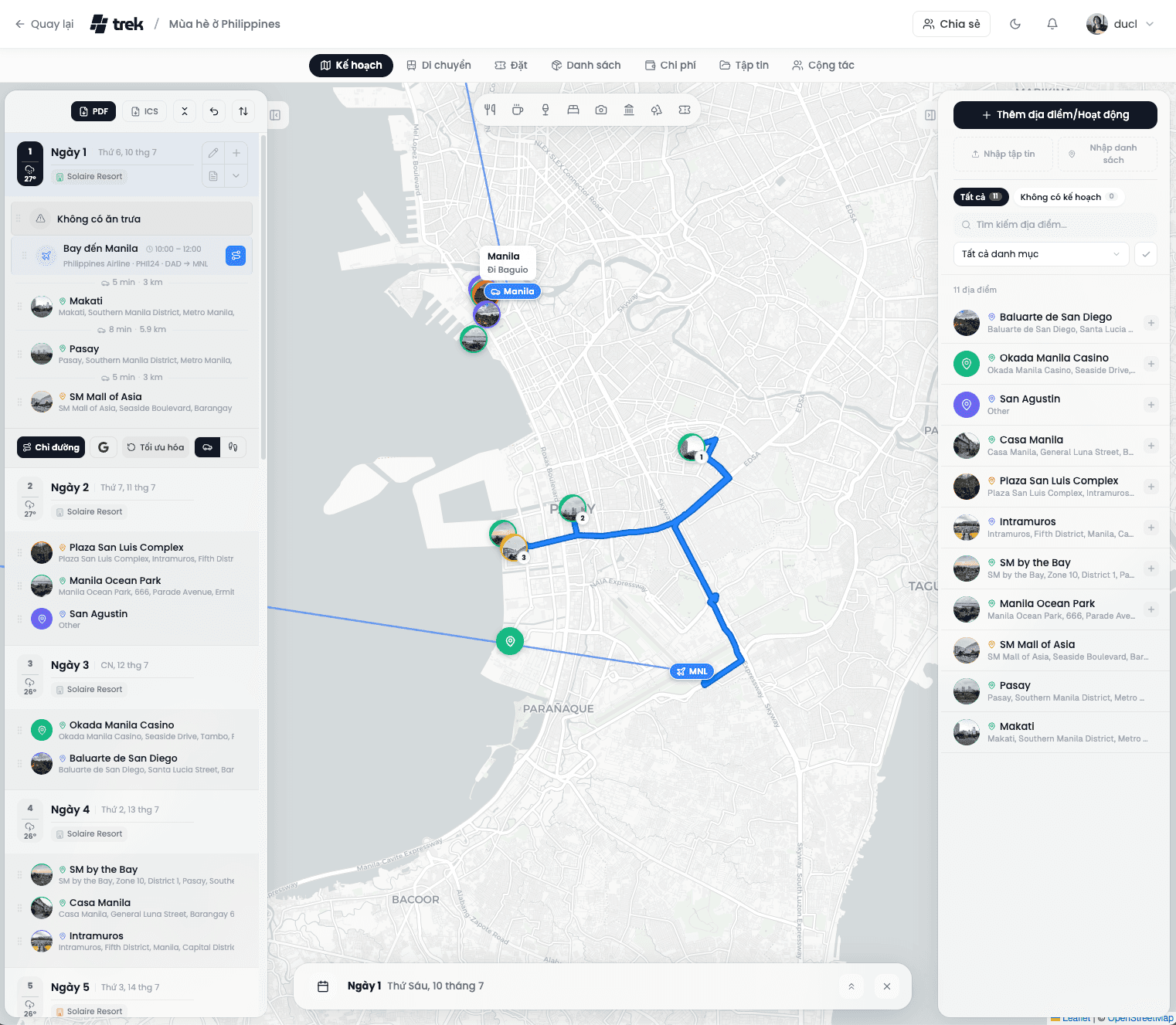 Trip planning desktop view